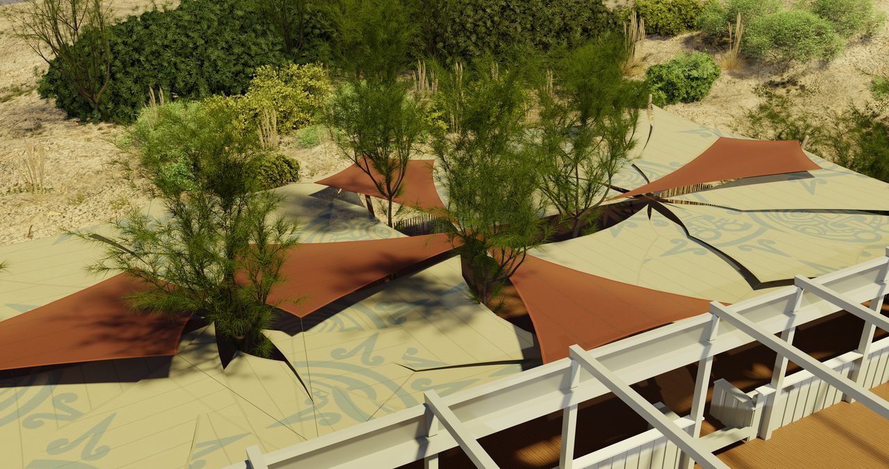Étude : voiles terre cuite entre les arbres, plage