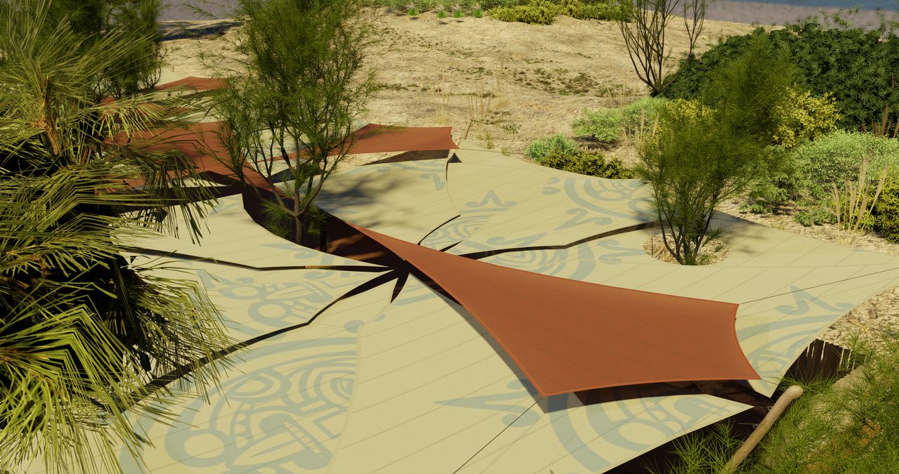 Étude : voiles terre cuite entre les arbres, plage