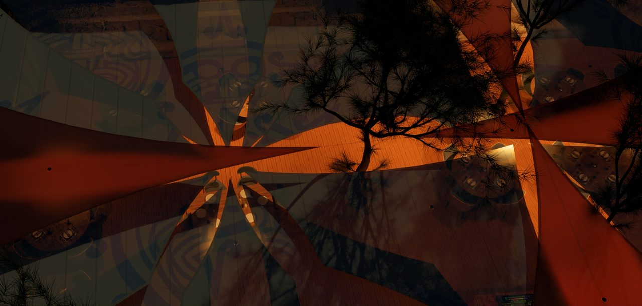 Étude : voiles terre cuite entre les arbres, plage