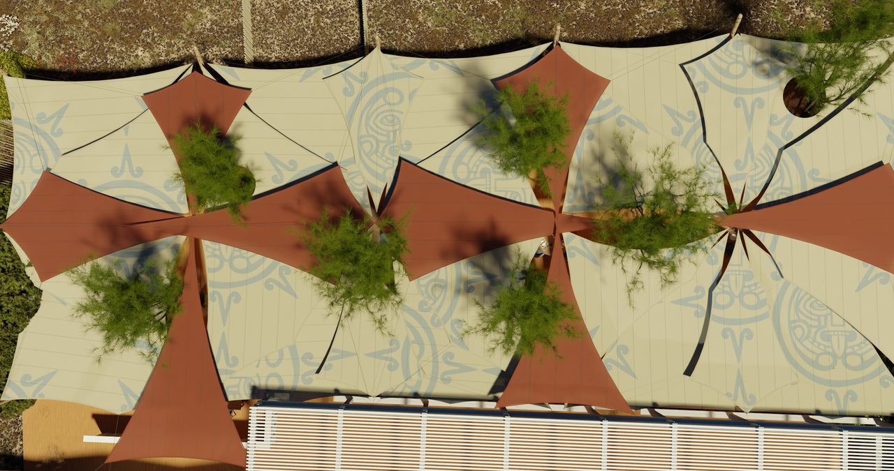 Étude : voiles terre cuite entre les arbres, plage