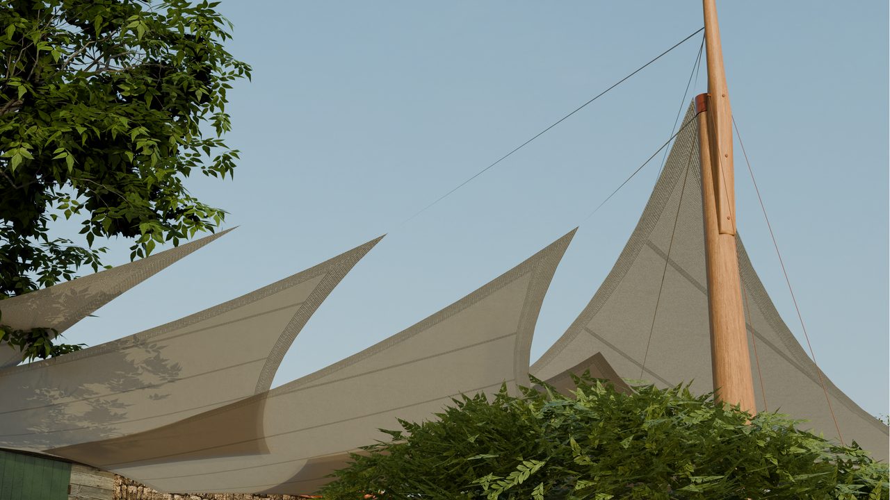 Étude : voiles sable sur mâts de bois, domaine viticole