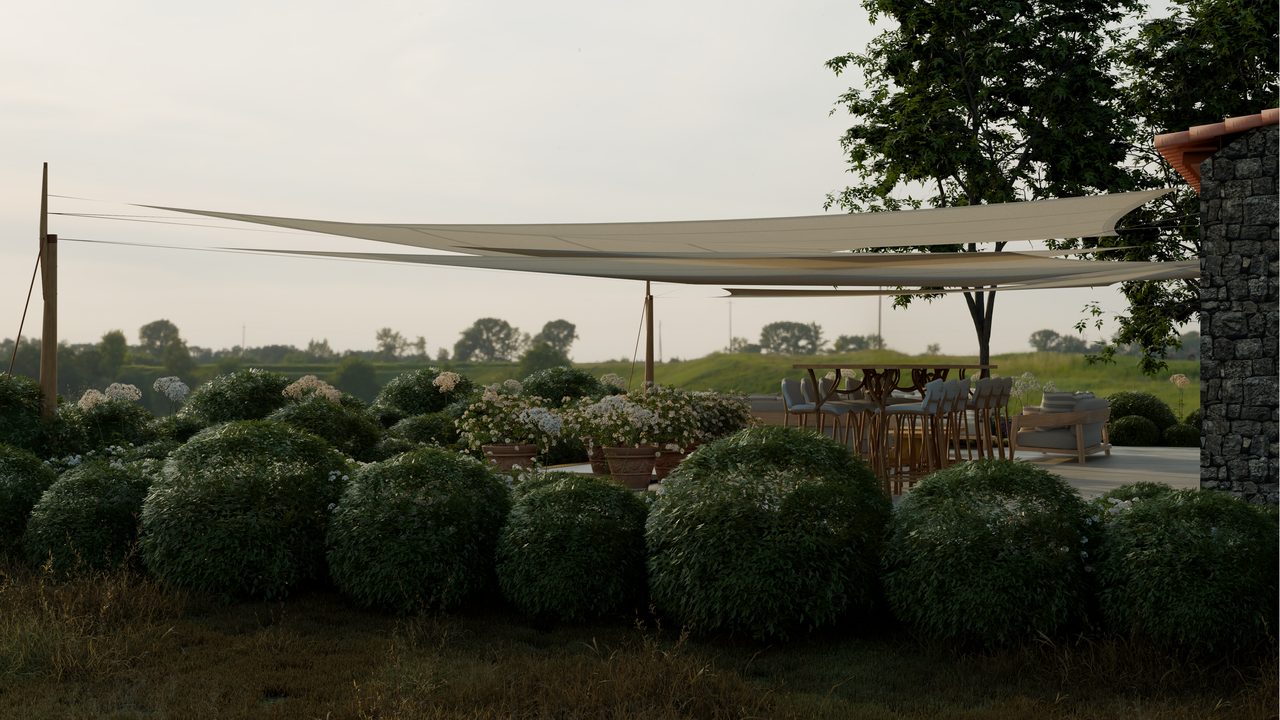 Étude : voiles sable sur mâts de bois, domaine viticole