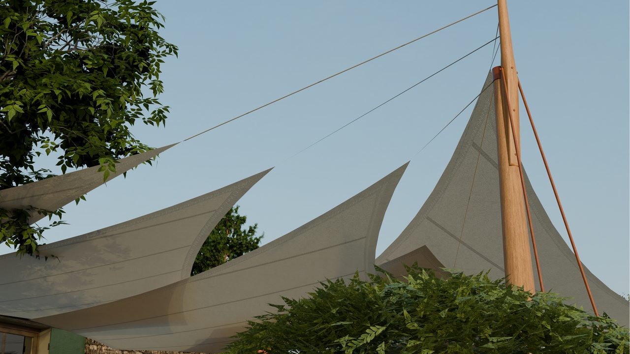 Étude : voiles sable sur mâts de bois, domaine viticole